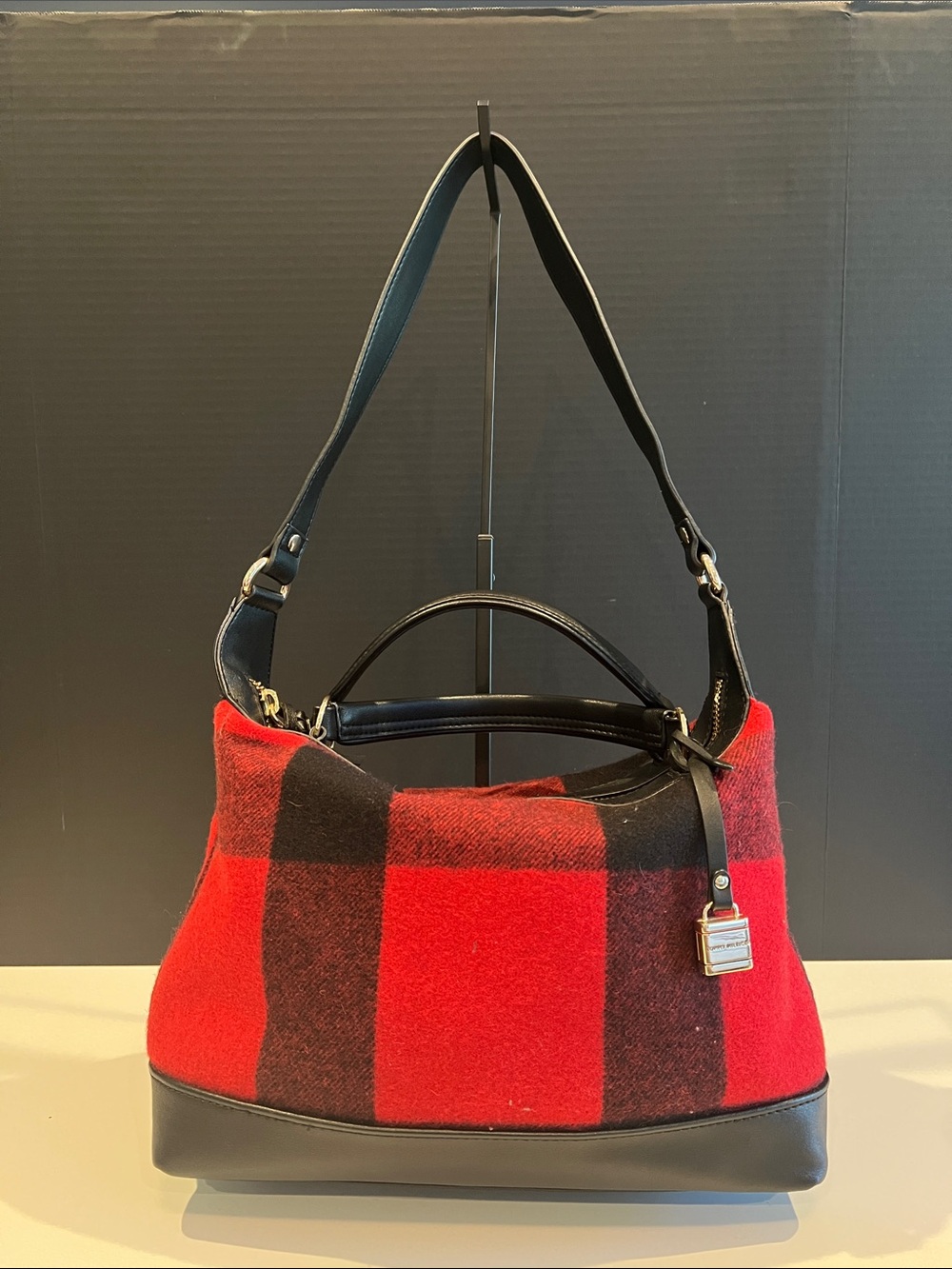 Tommy Hilfiger Red Plaid Shoulder Bag with Black Trim